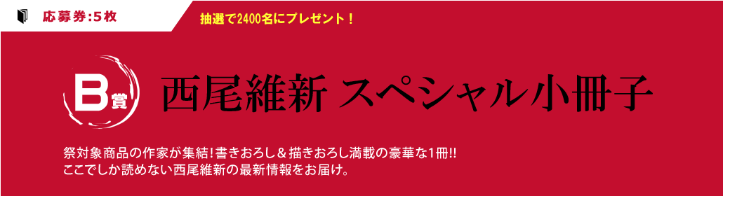 （B賞）：応募券5枚　抽選で2400名にプレゼント！『西尾維新 スペシャル小冊子』祭対象商品の作家が集結！書きおろし＆描きおろし満載の豪華な1冊!!ここでしか読めない西尾維新の最新情報をお届け。