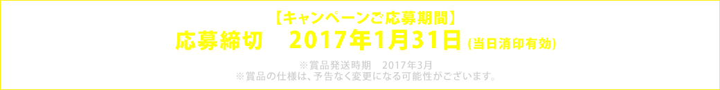 応募締切　2017年1月31日（当日消印有効）　※賞品発送時期　2015年3月予定　※賞品の仕様は、予告なく変更になる可能性がございます。